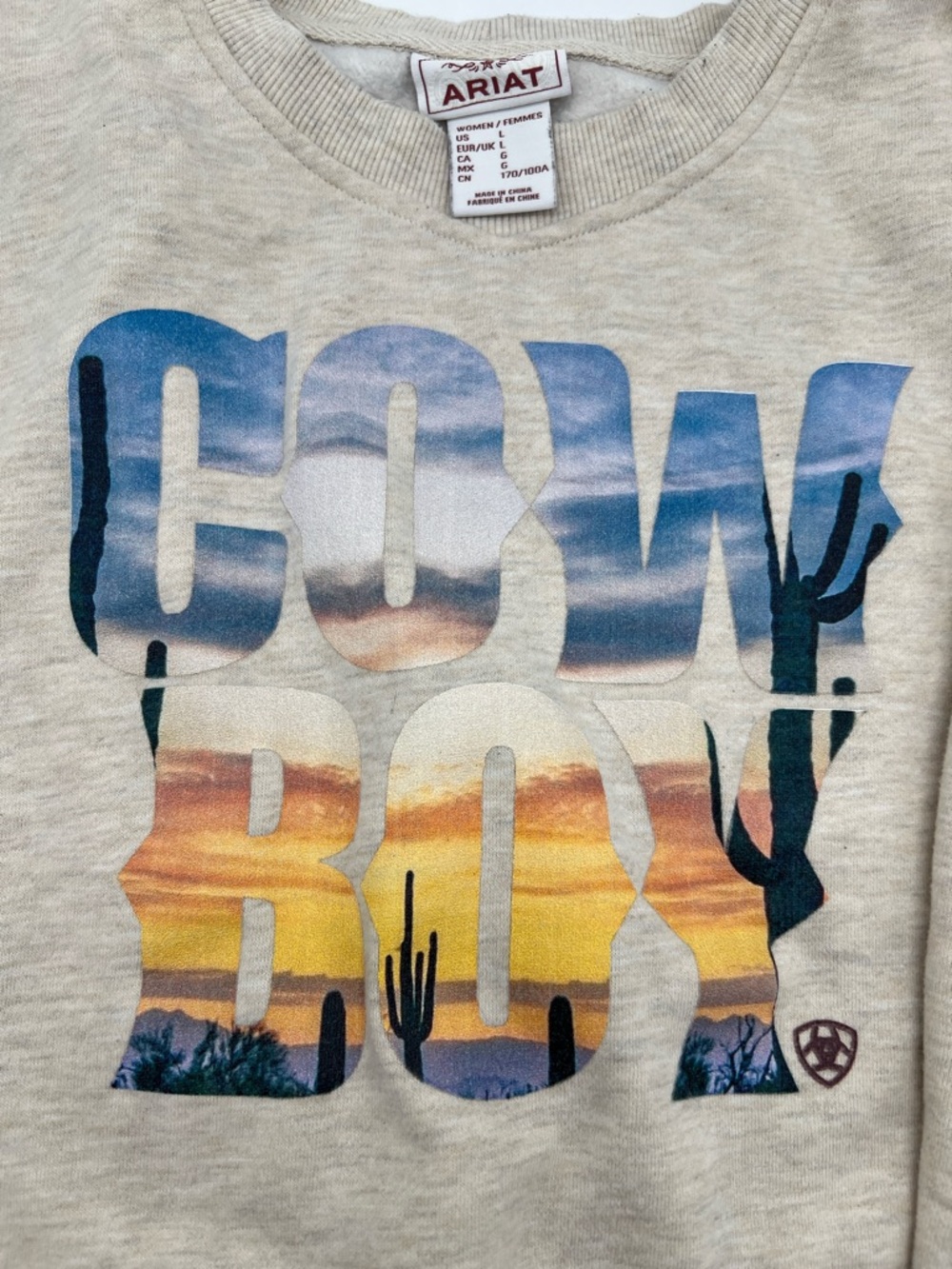 Ariat Women’s L “Cowboy” Cropped Sweatshirt  Oatmeal Tan with back detail - Picture 3 of 6